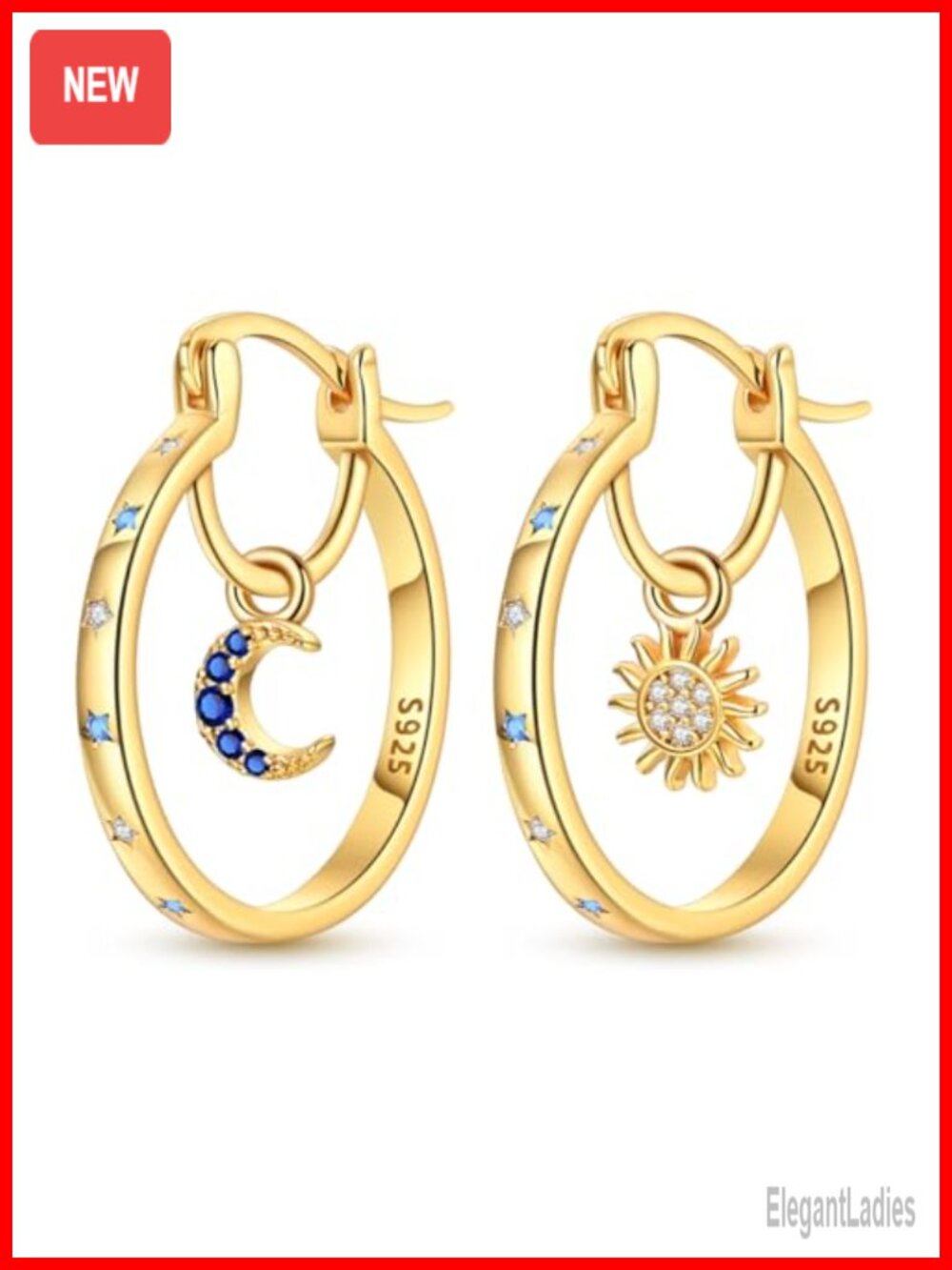 Gold Plated Hoop Earrings Sterling Silver Star Moon Sun Lightweight Women
